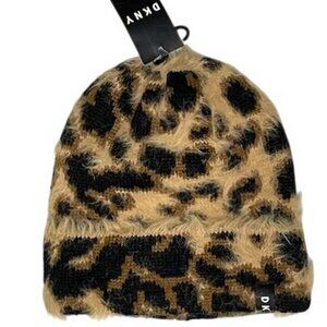 DKNY Fuzzy Animal Print Beanie Brown (444)